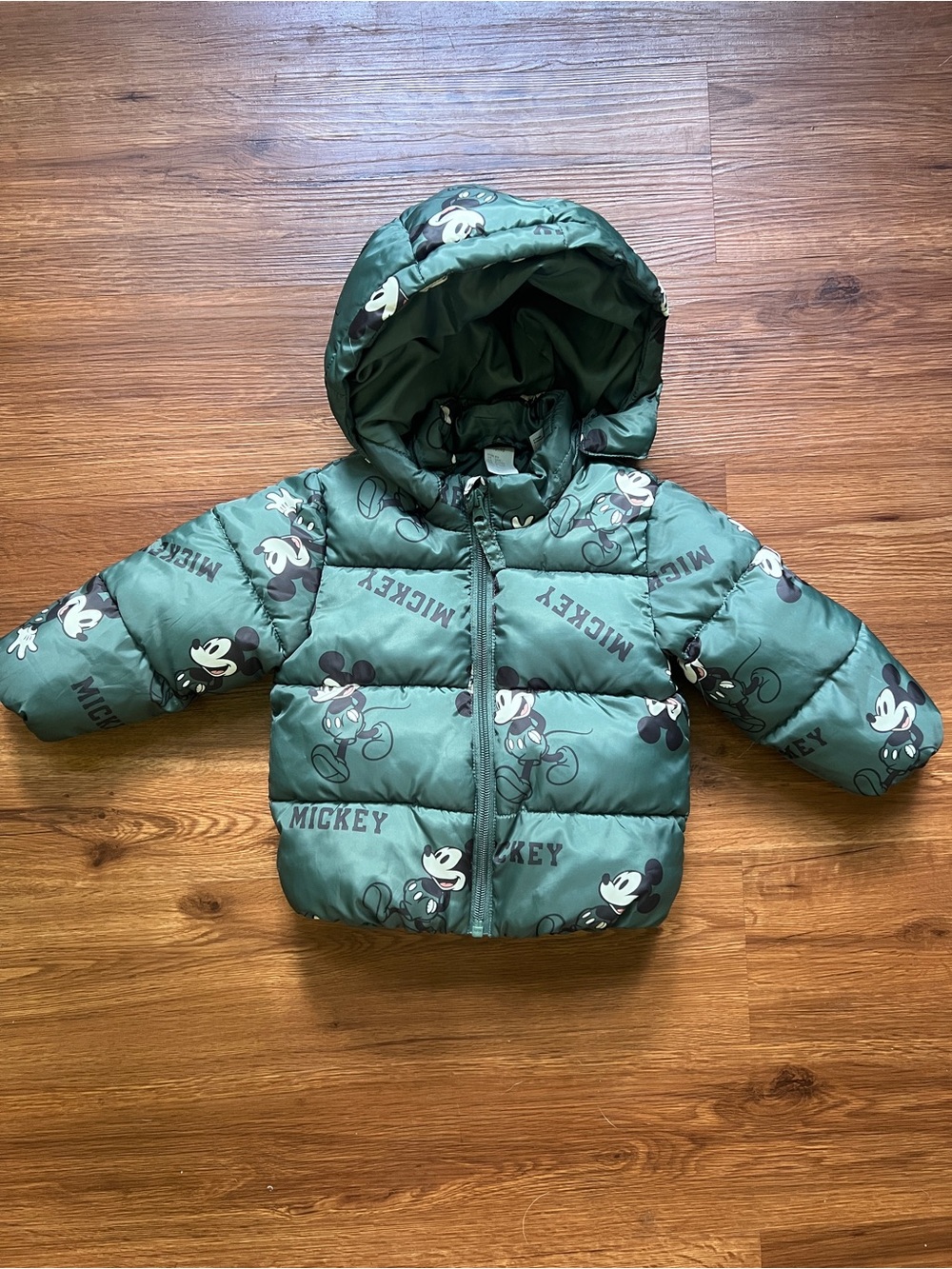 H&M Green Mickey Mouse Puffer Jacket with Hood